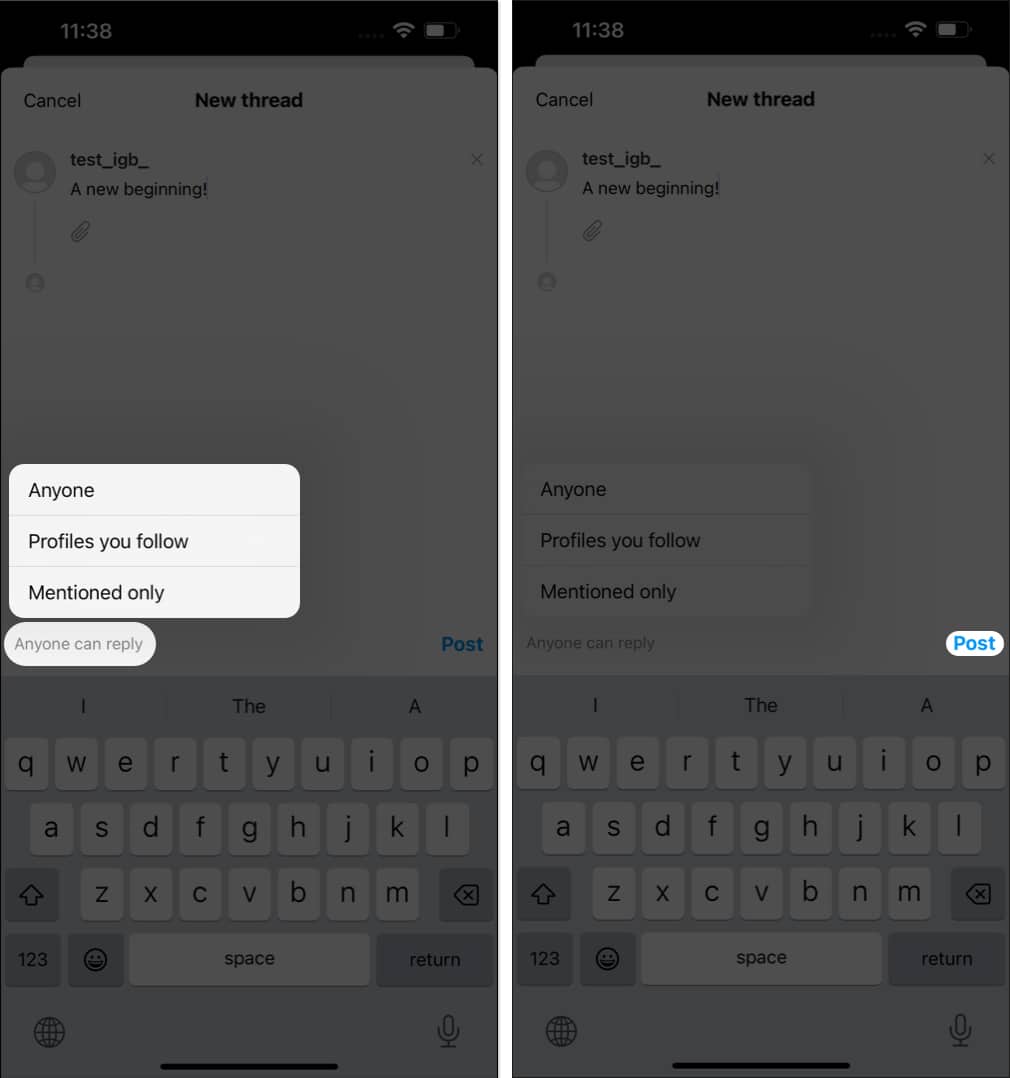 Select the people who can engage with your post tap post in threads