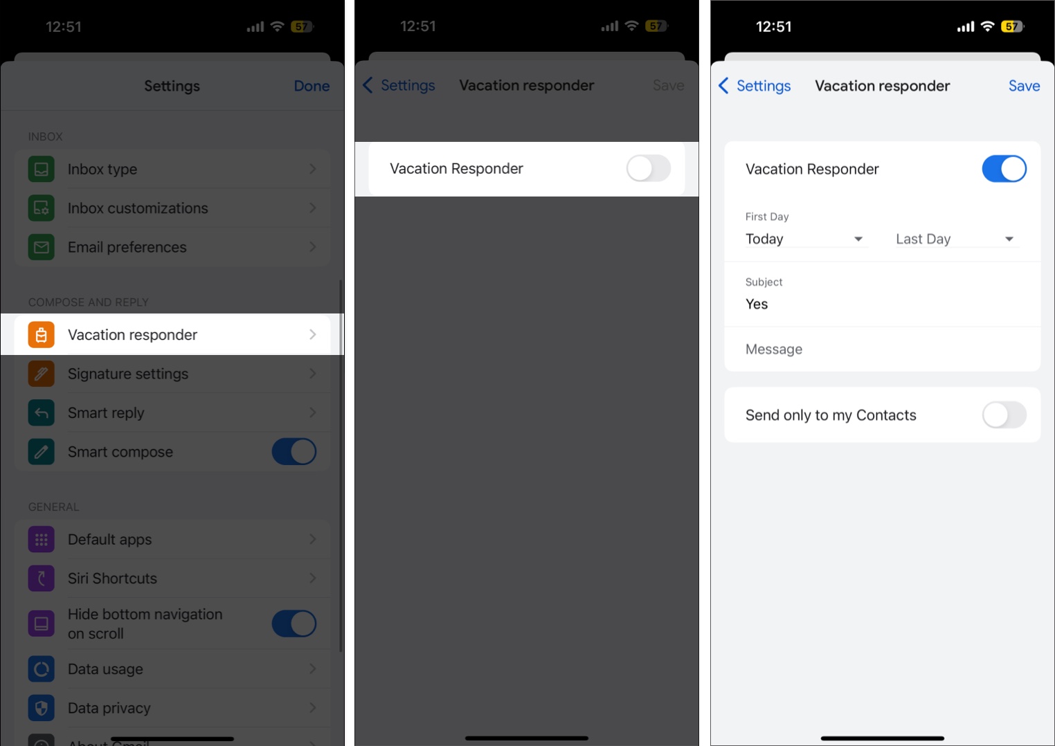 Set up vacation responder in gmail ios app