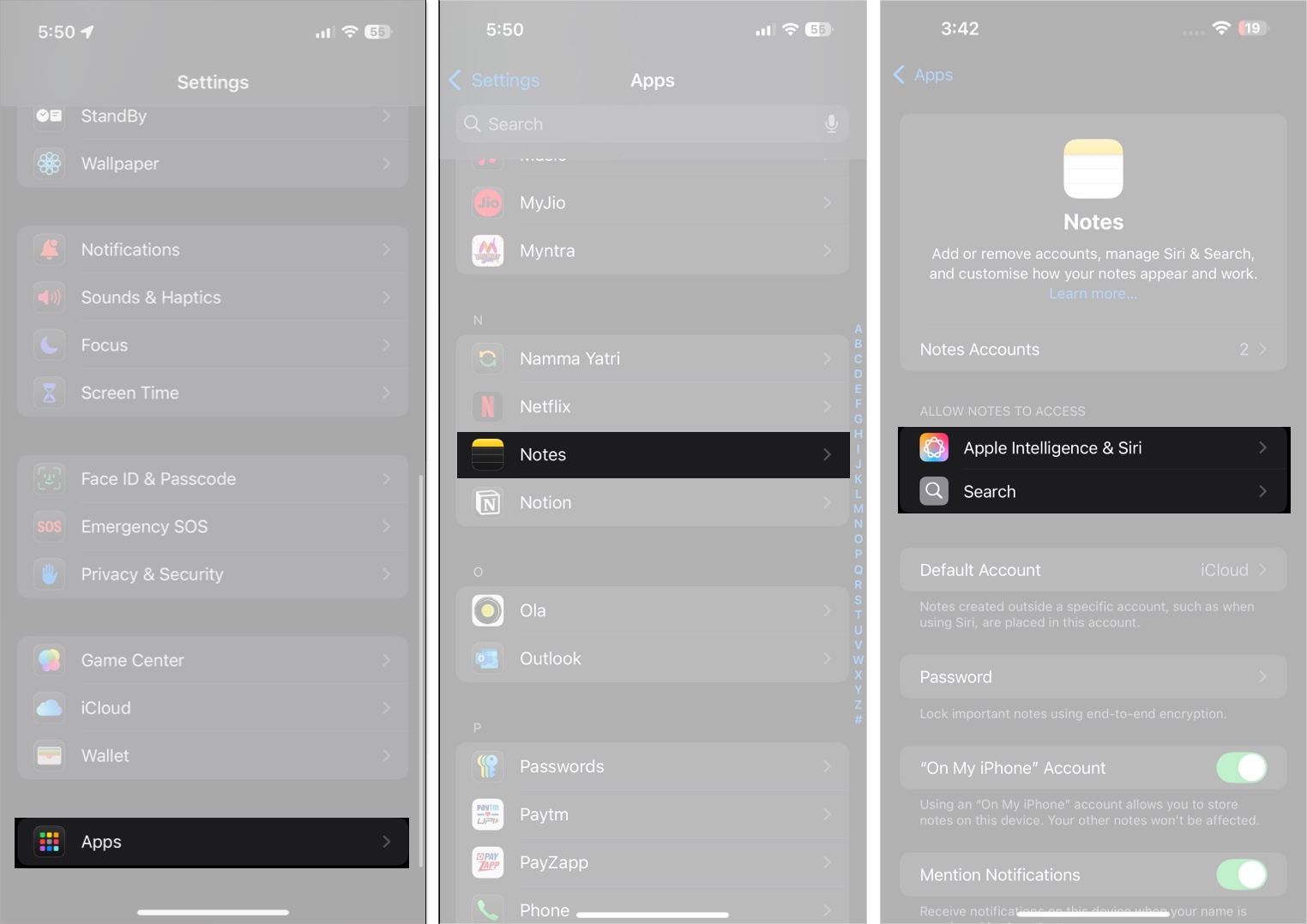 Apple intelligence  siri and search options under notes app in ios settings app