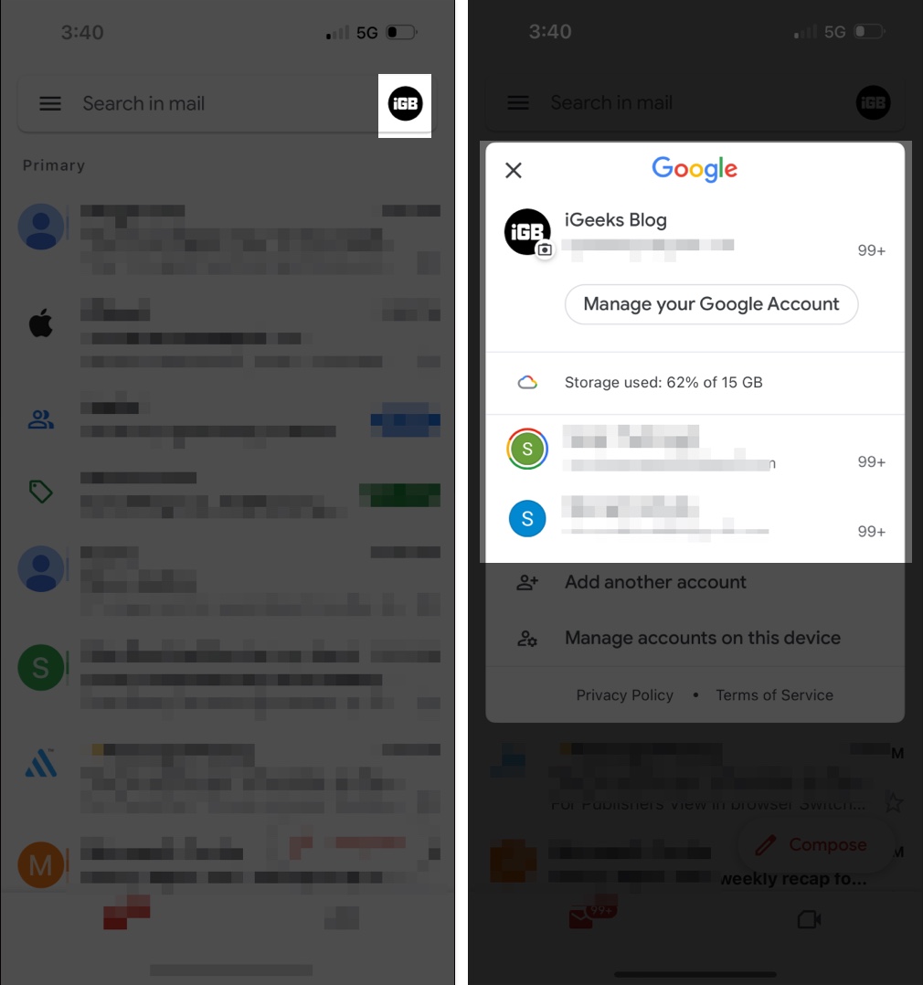 Swipe down to change accounts in gmail ios app