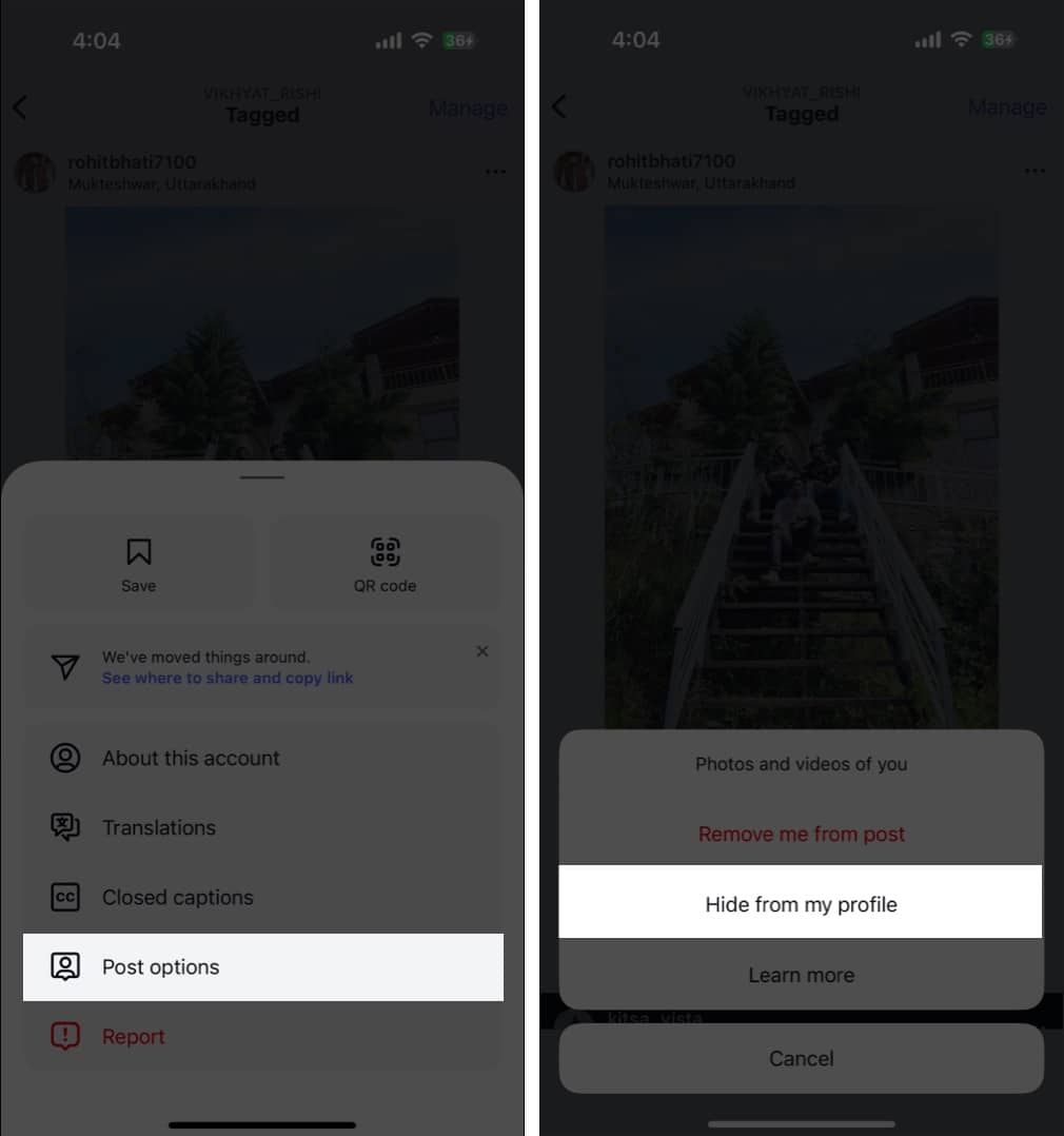 Accessing Post Options to hide a tagged Instagram post from profile on an iPhone.