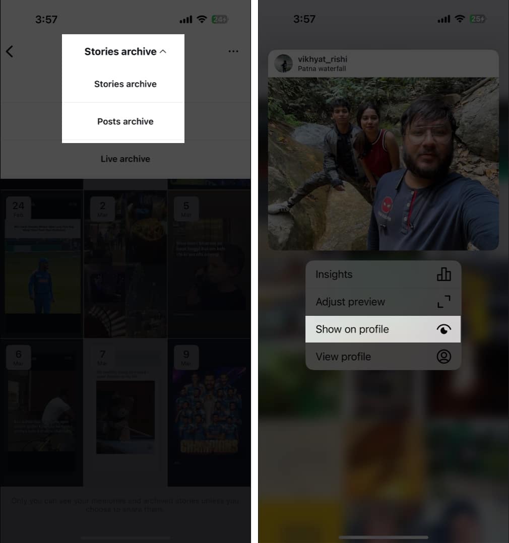 Using the Show on Profile option to restore an archived Instagram post on an iPhone.
