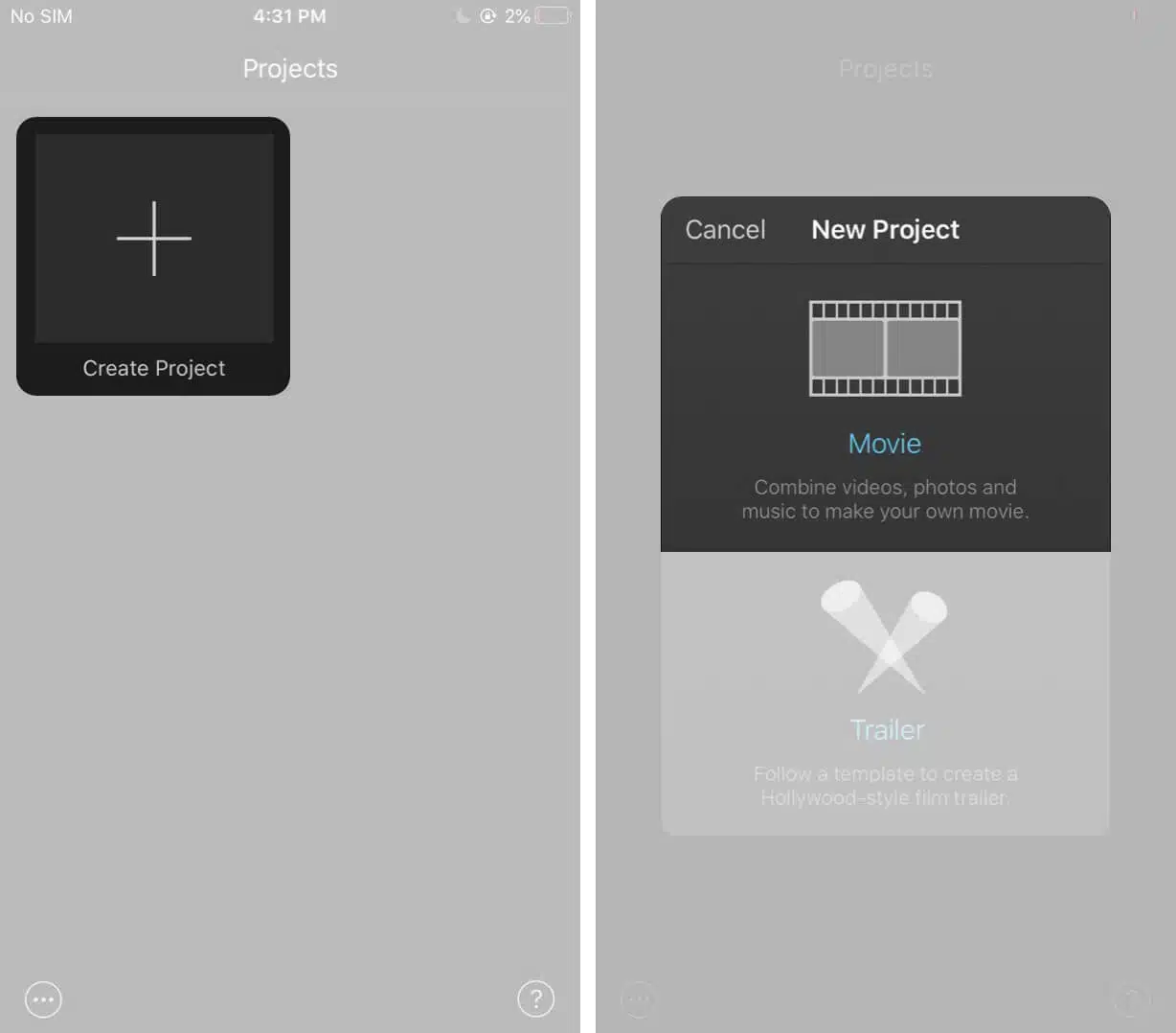 How to combine videos on your iphone igeeksblog Tap on create project and then tap on movie