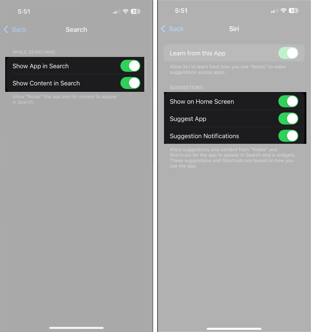Allowing apple intelligence  siri and search to access notes in the notes app on an iphone