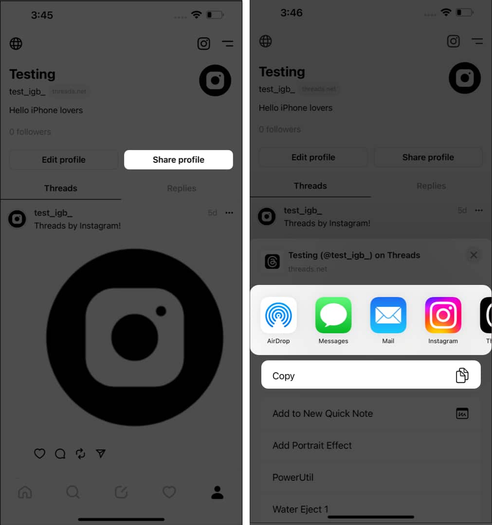 Tap share profile and choose a sharing method