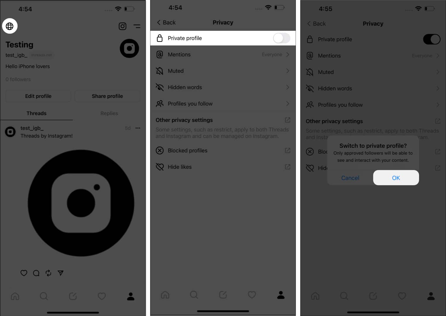 Tap the globe icon toggle on private profile ok in threads