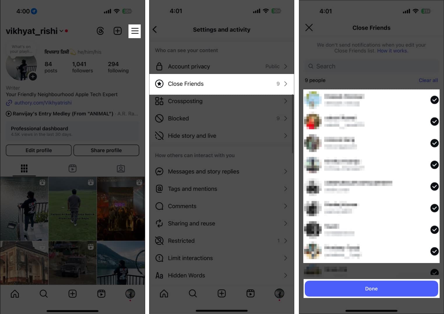 Adding users to the Close Friends group in Instagram on an iPhone.