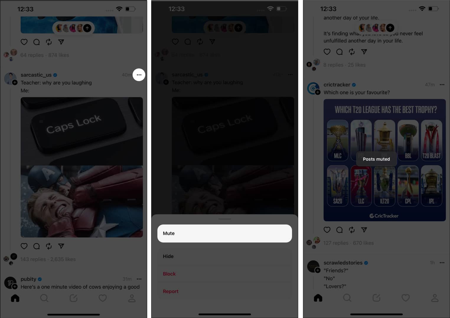 Tap the three dot icon mute posts muted in threads