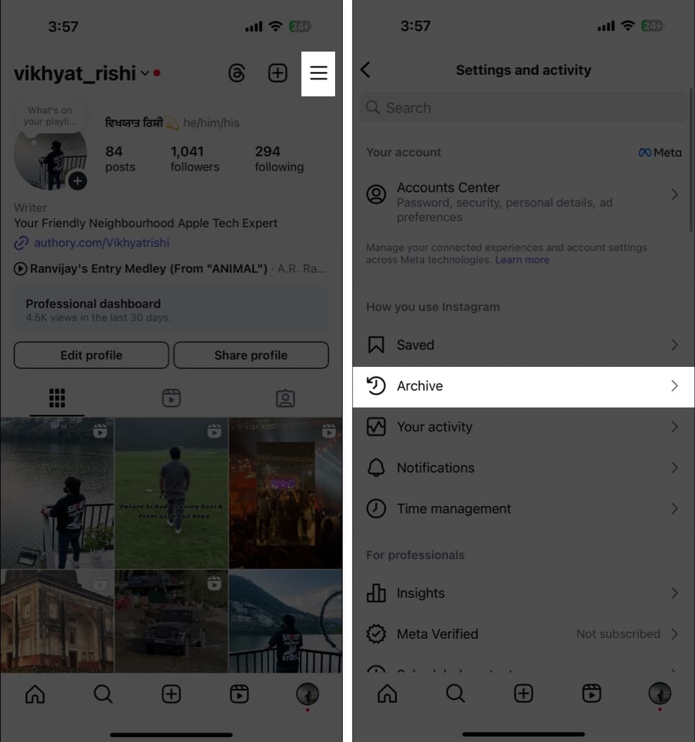 Accessing archived posts on the Instagram app on an iPhone.
