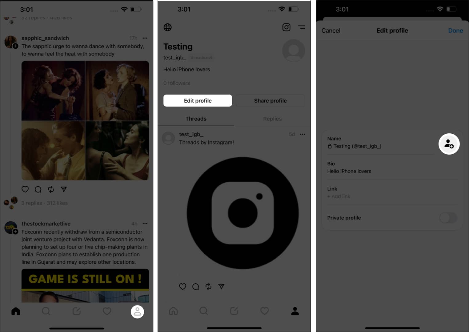 Tap your profile edit profile tap your id in threads