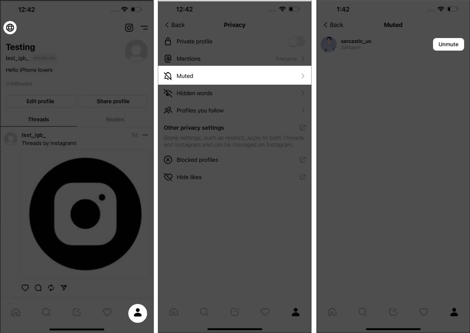 Tap your profile globe icon muted unmute in threads
