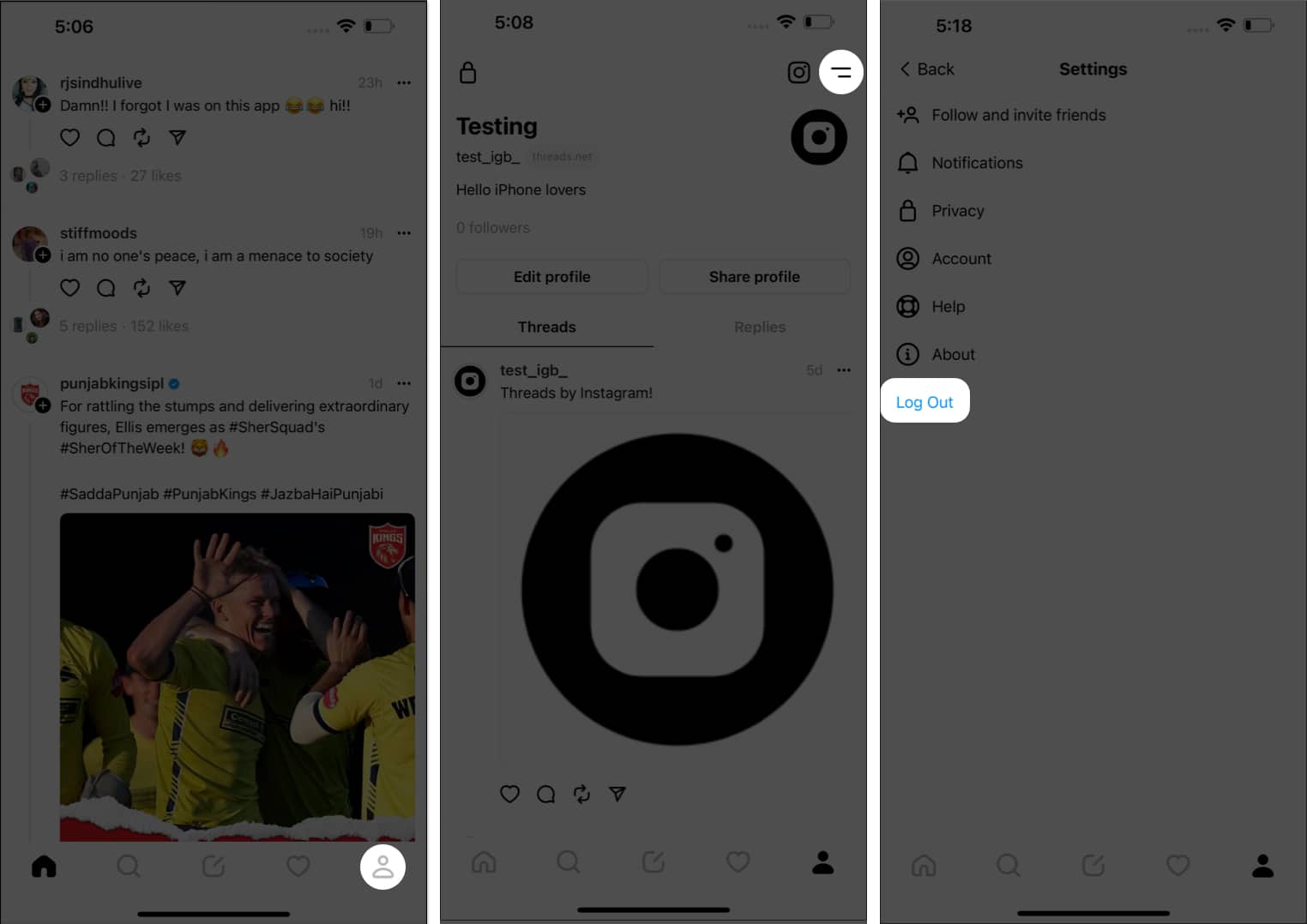 Tap your profile menu icon log out from threads
