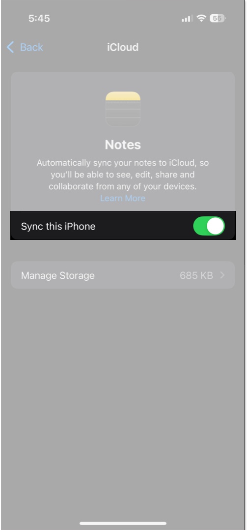 Enable sync this iphone option for the notes app