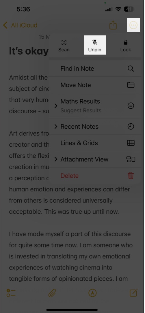 Unpin option in the three dot menu in the apple notes app on an iphone to unpin a note