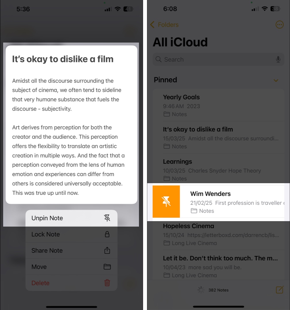 Unpinning a note in apple notes on an iphone by long pressing and selecting unpin note or swiping right and tapping the unpin icon
