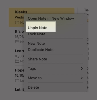 Using the unpin note option in the control click menu in the notes app on a mac to unpin a note