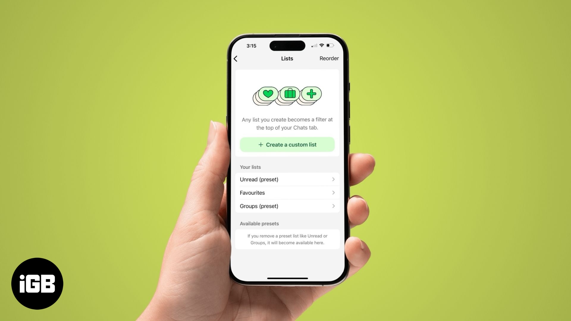 Creating and using a custom list on WhatsApp on an iPhone.