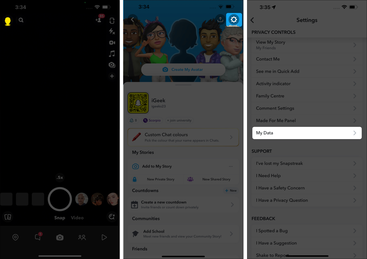 Access my data option from settings on snapchat on the iphone