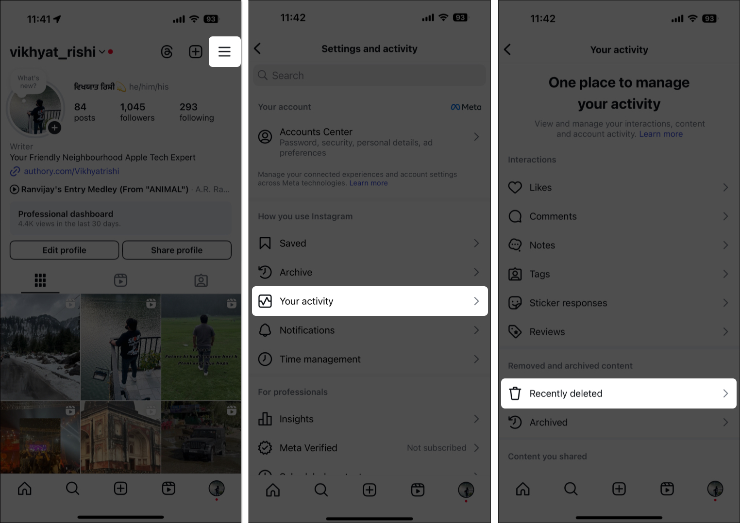Access recently deleted option from instagram settings on iphone
