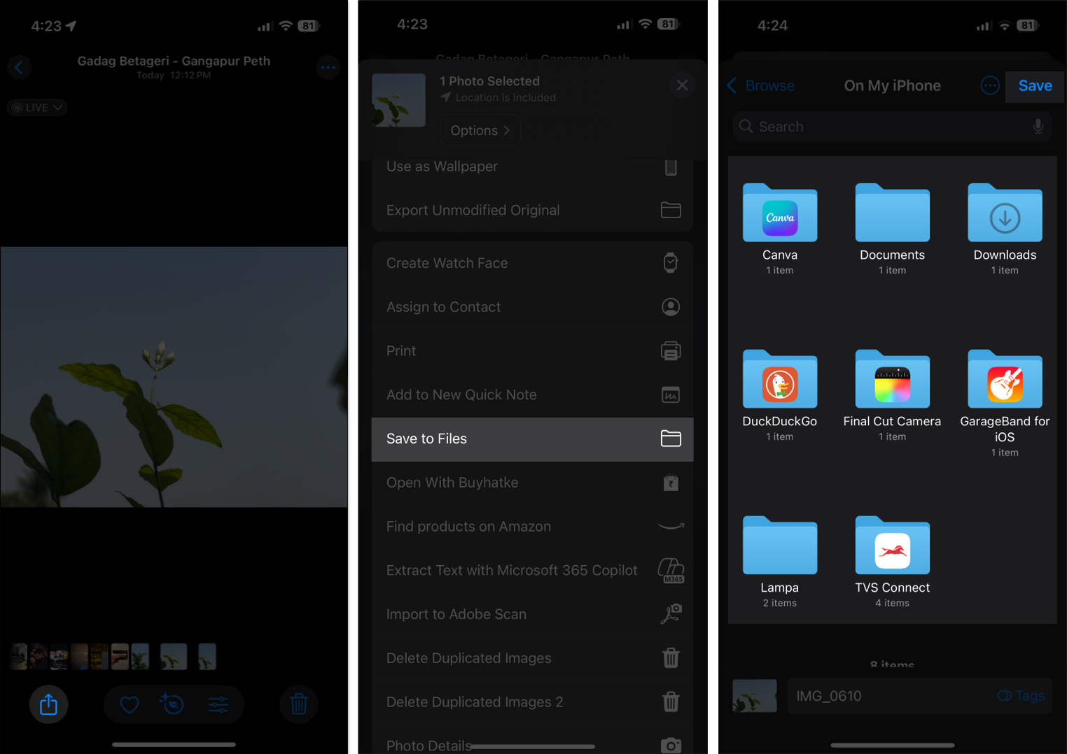 Using the save to files option in photos app to save a live photo as a still photo in the files app