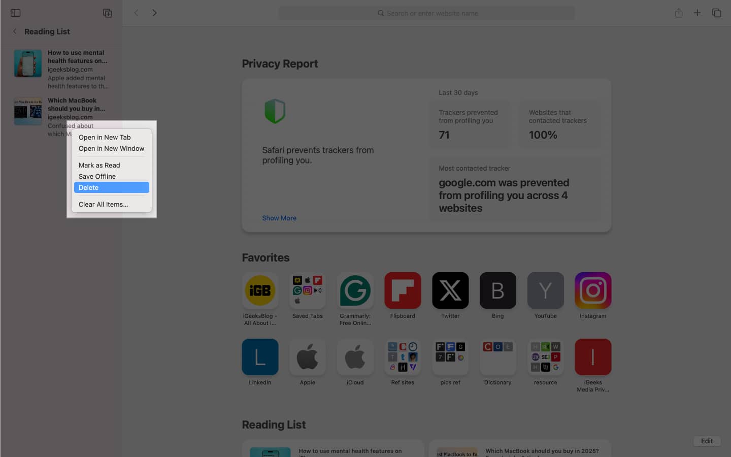 Deleting an item from Safari Reading List on a Mac.
