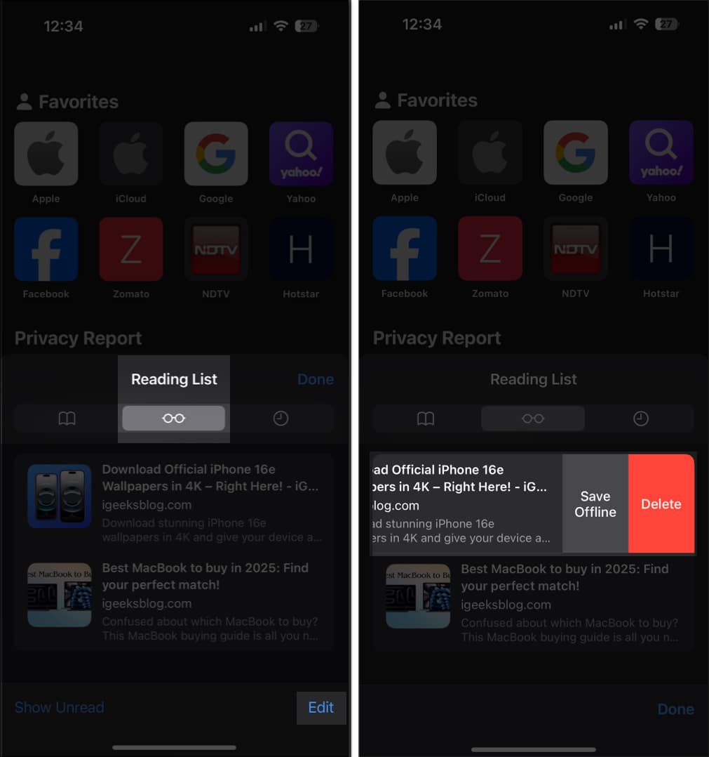 Deleting an item from Reading List on an iPhone.