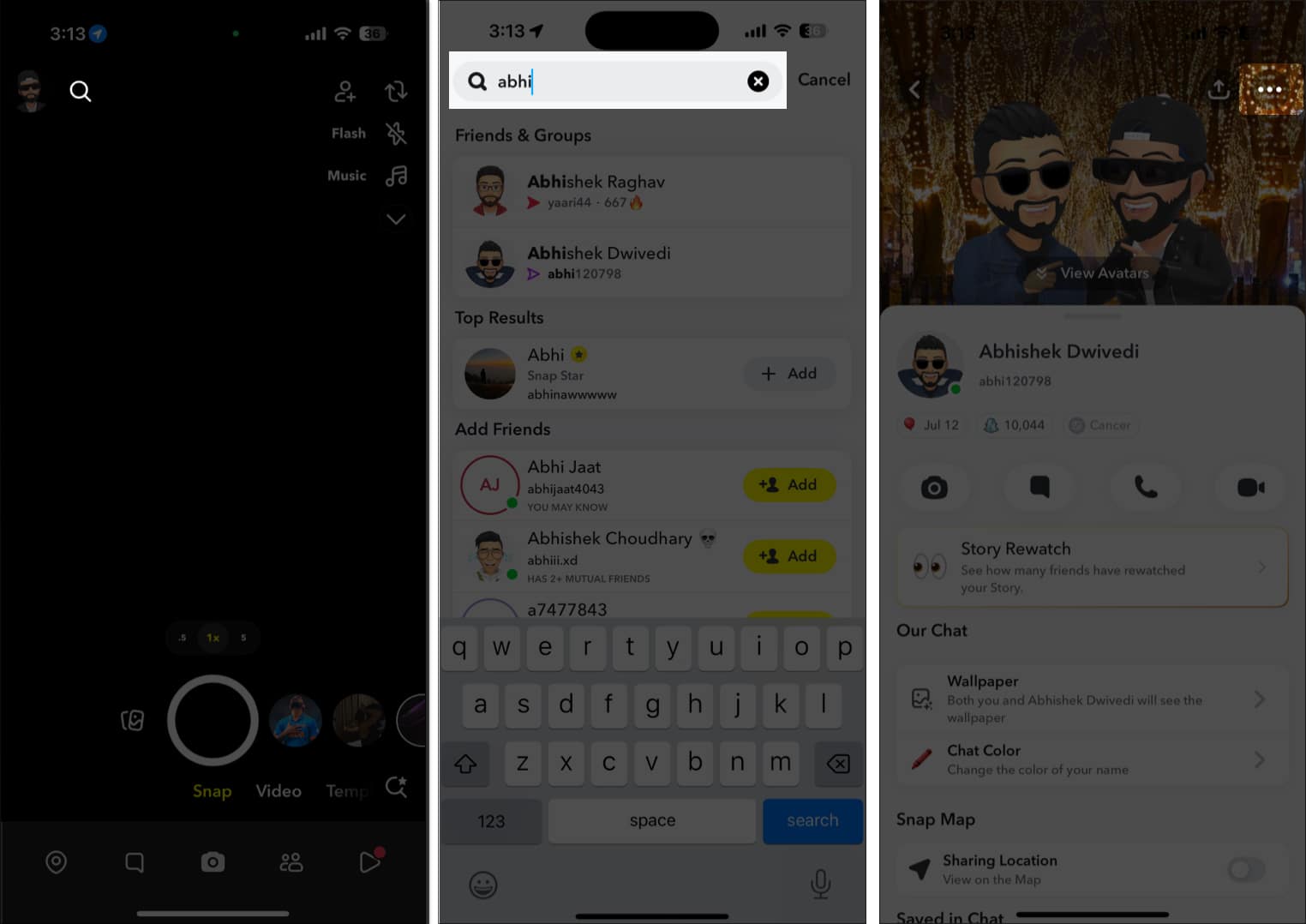 Accessing the profile of the friend to unfriend in Snapchat.