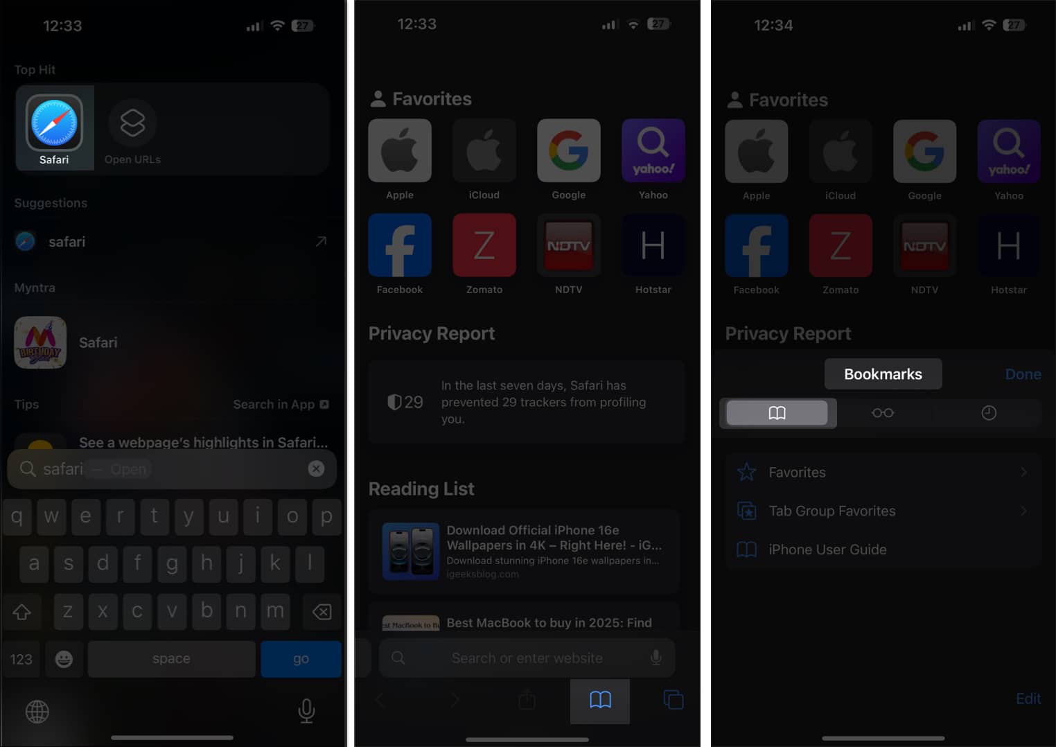 Accessing Reading List in Safari on an iPhone.