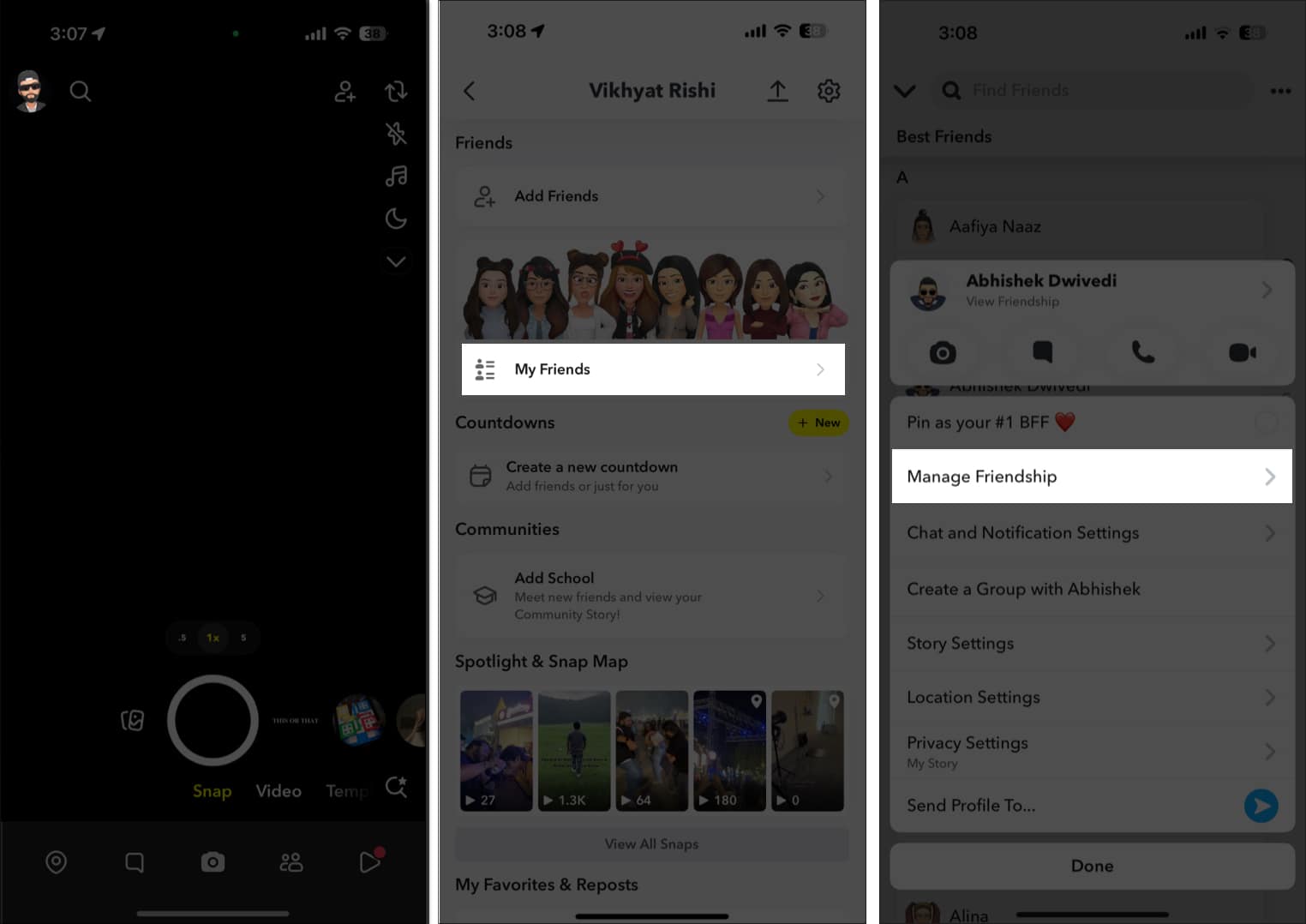 Accessing the Manage Friendship option via the Bitmoji menu in the Snapchat iOS app.