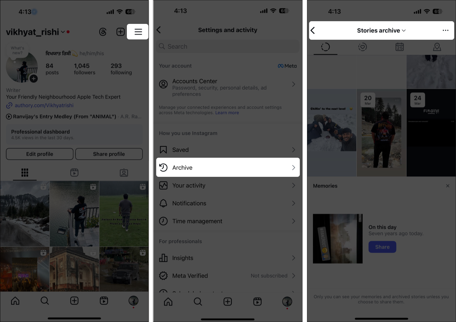 Locate stories from the stories archive section in instagram settings