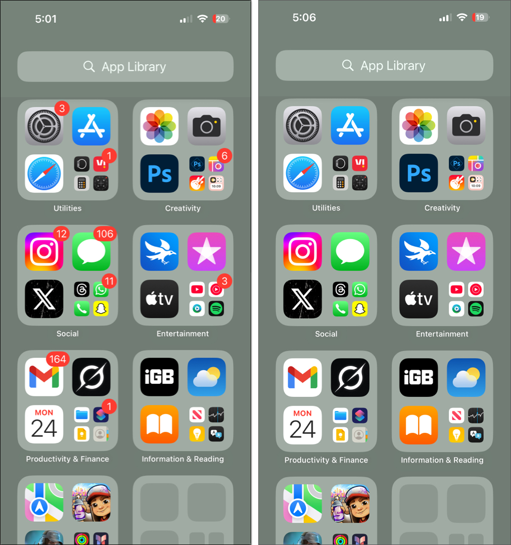 On and off notifications badge in app library on iphone