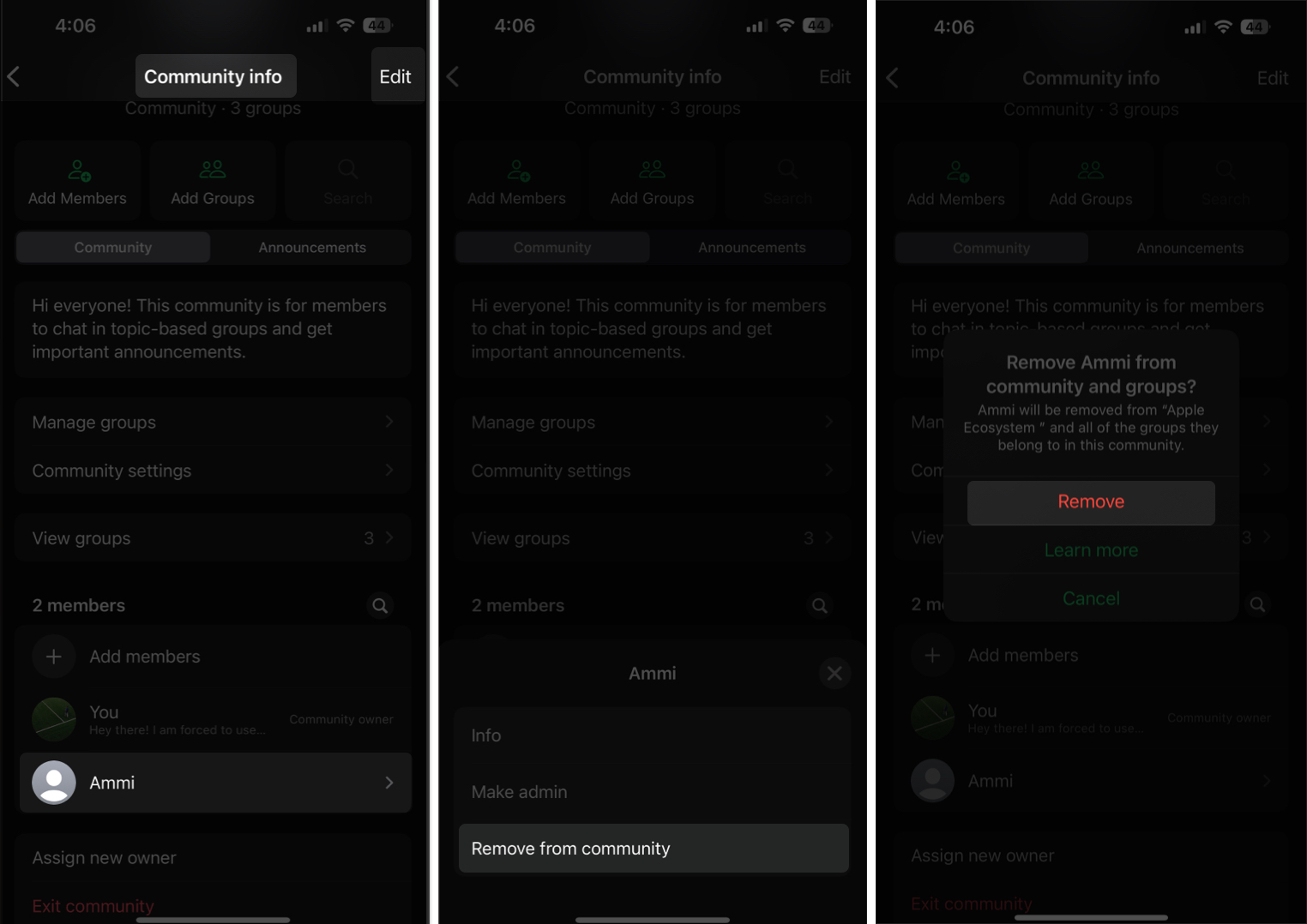 Removing a person from a whatsapp community on an iphone