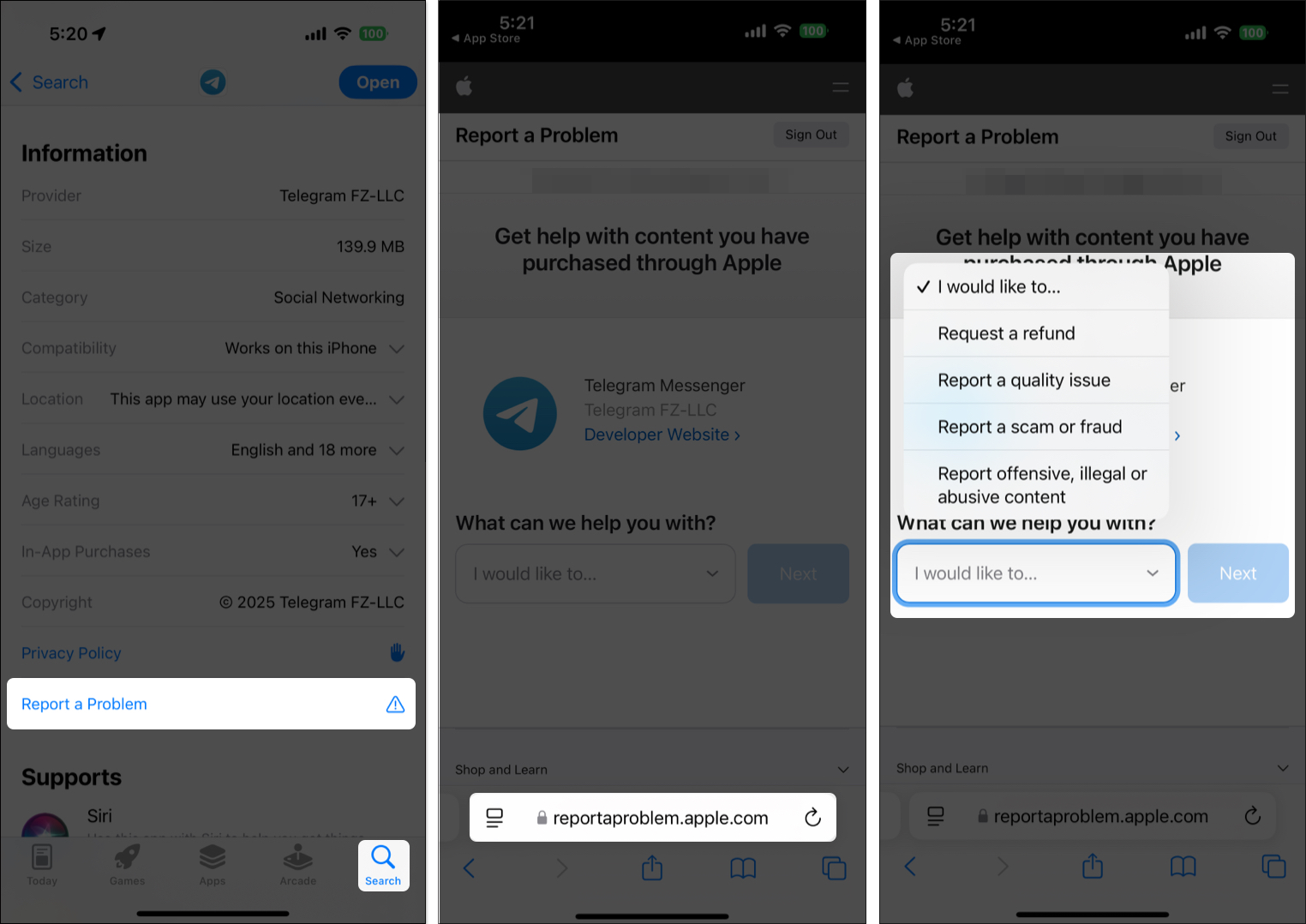 Selecting an appropriate option on apple's Report a Problem webpage to report a scam app.