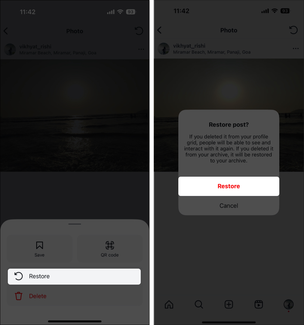 Restore deleted post from recently deleted section on instagram