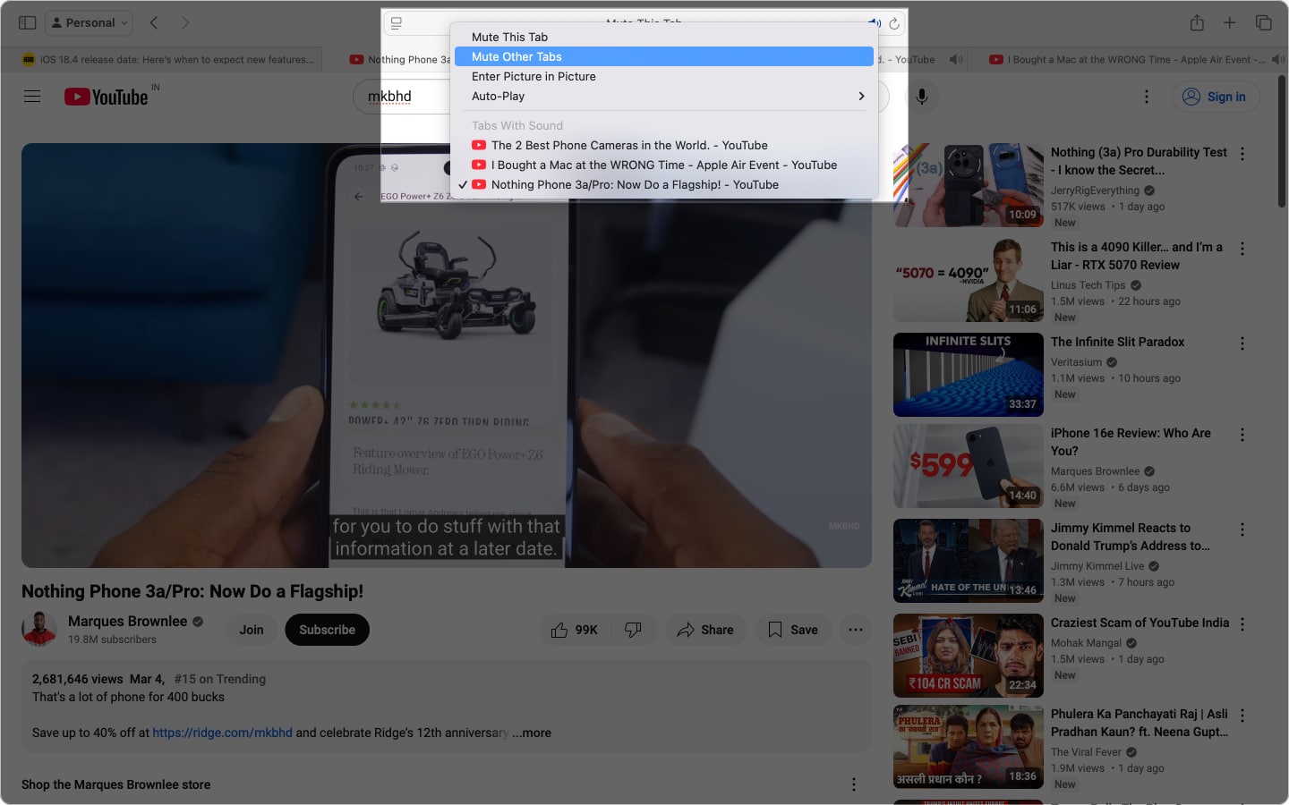 Using the Mute Other tabs option to mute audio from all Safari tabs on a Mac.