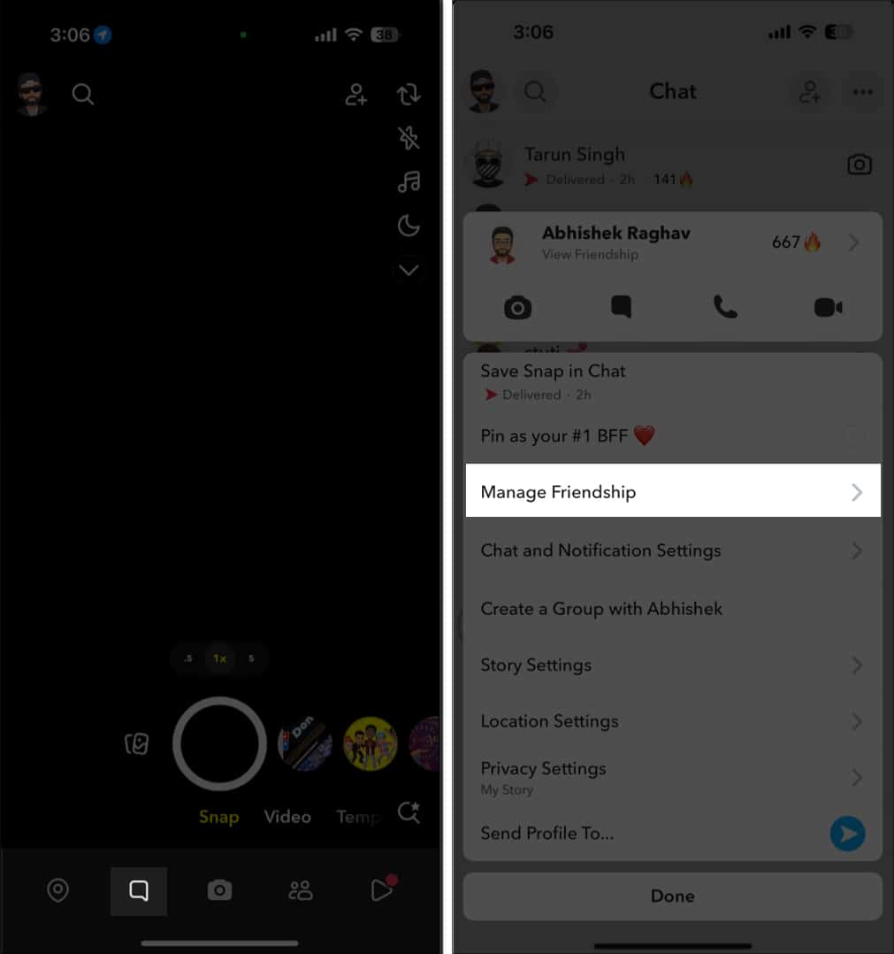 Manage Friendship option upon selecting a contact to unfriend in the Chat tab.
