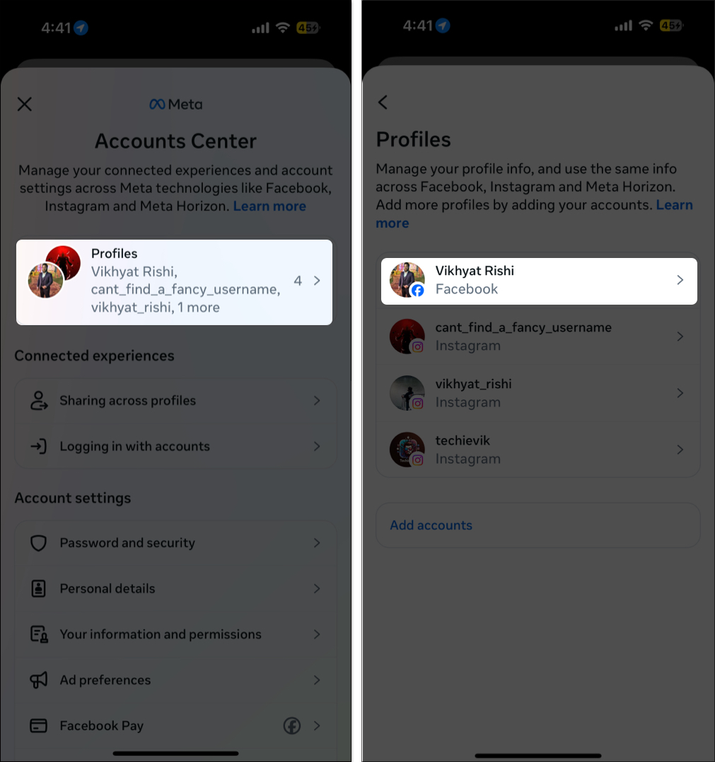 Select profile and tap username appear on screen in the meta settings