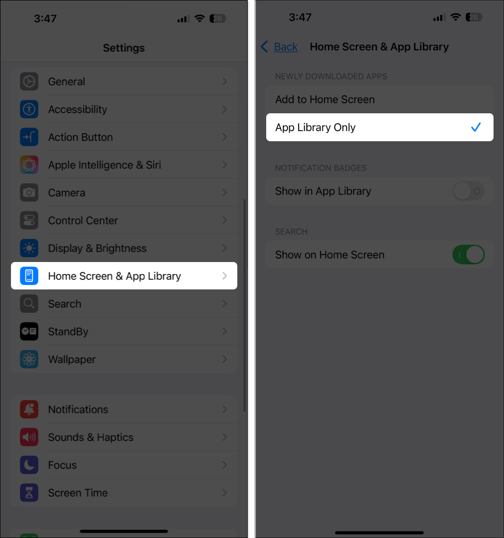 Selecting app library only for new downloaded apps from iphone settings