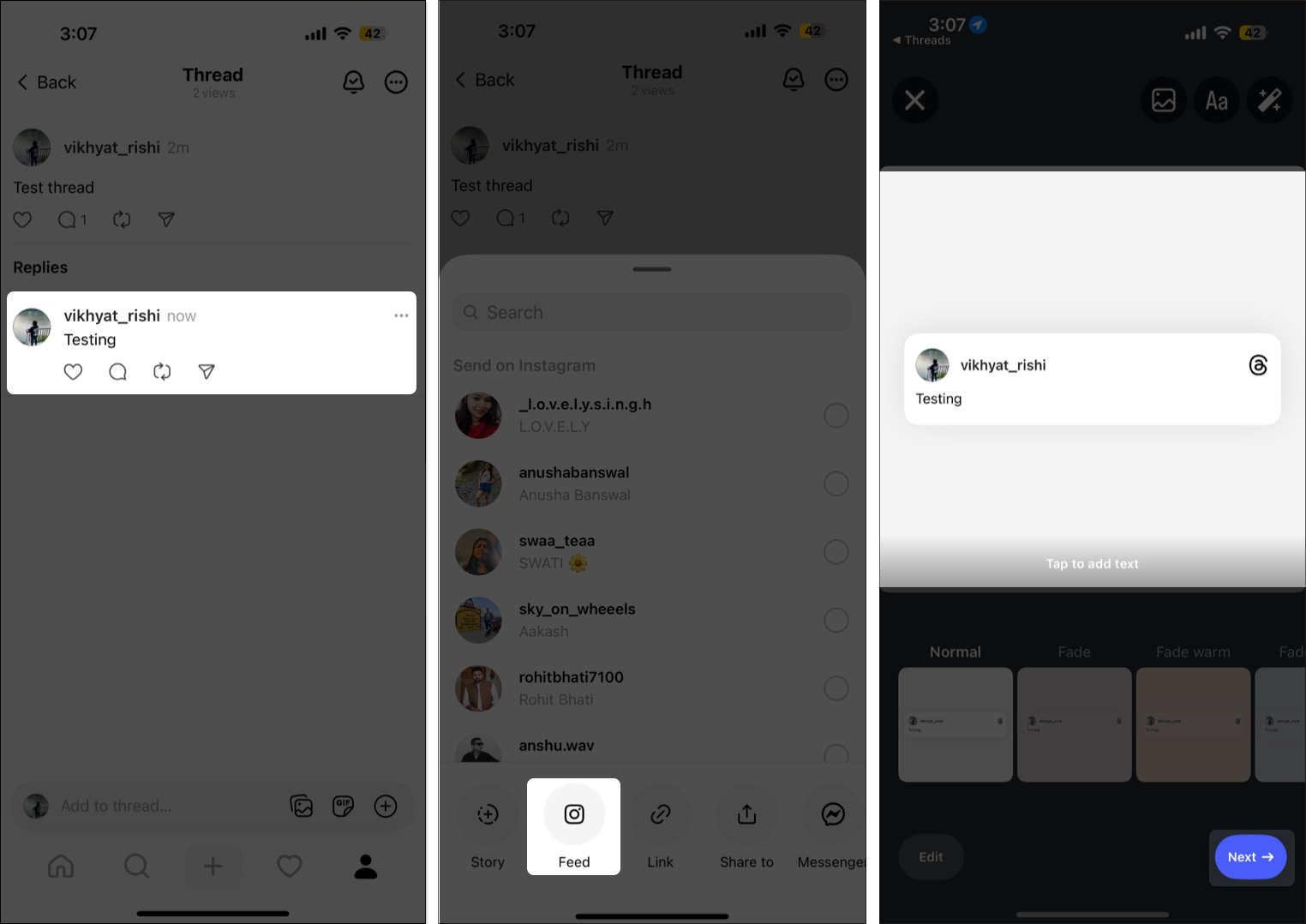 Share a therad in your instagram feed on iphone