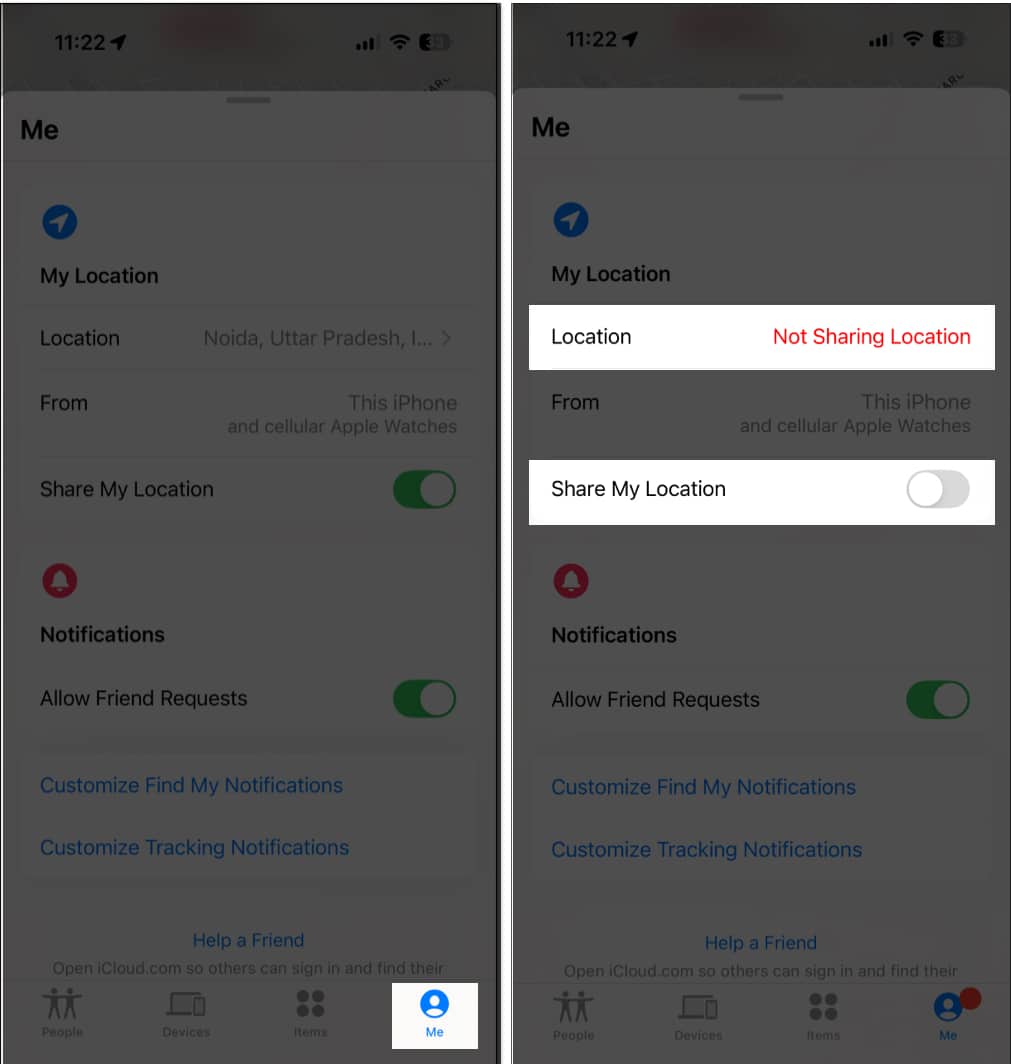 Disabling Share My Location option in Find My app on an iPhone.