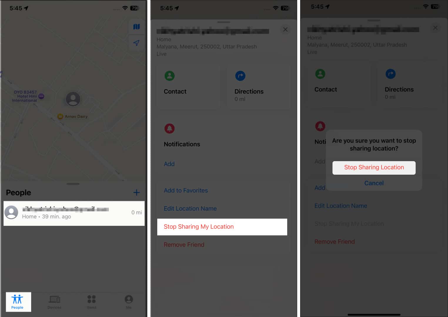 Using the Stop Sharing My Location in Find My app to stop sharing location with the selected person.