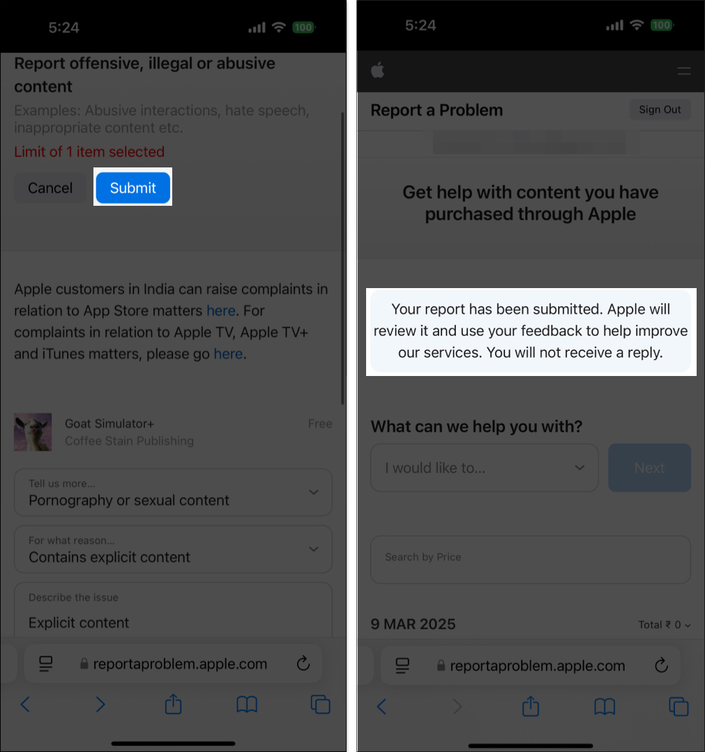 Submitting report for a bad app on apple's Report a Problem webpage.