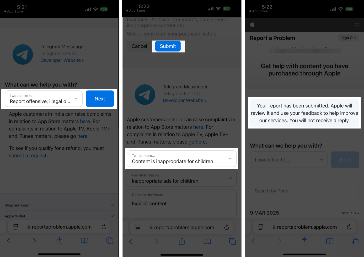 Submitting a report for a bad app on apple's Report a Problem webpage.
