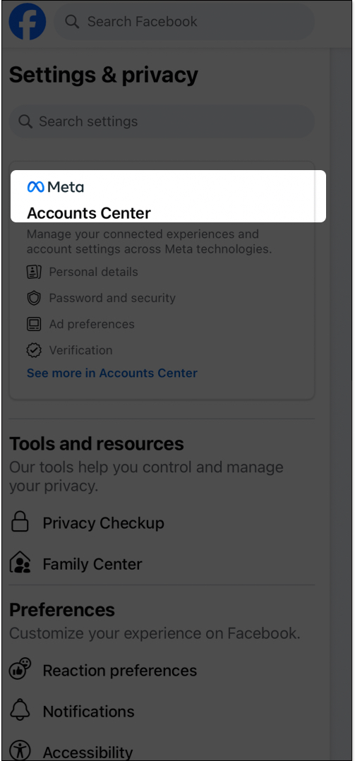 Tap on account center option