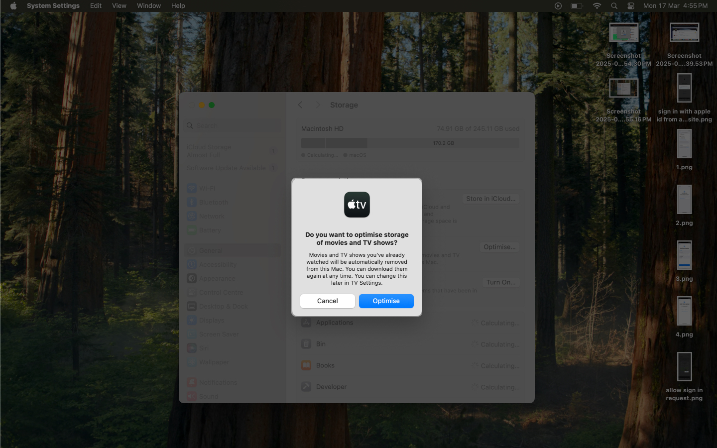 Prompt confirming to run optimize storage on a mac