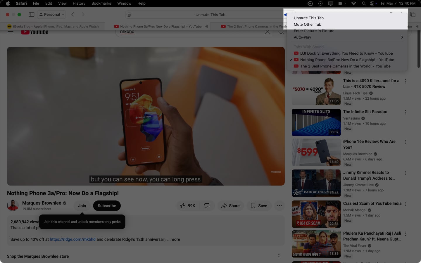 Using the Unmute Other Tab option to umute the other Safari tab playing audio.