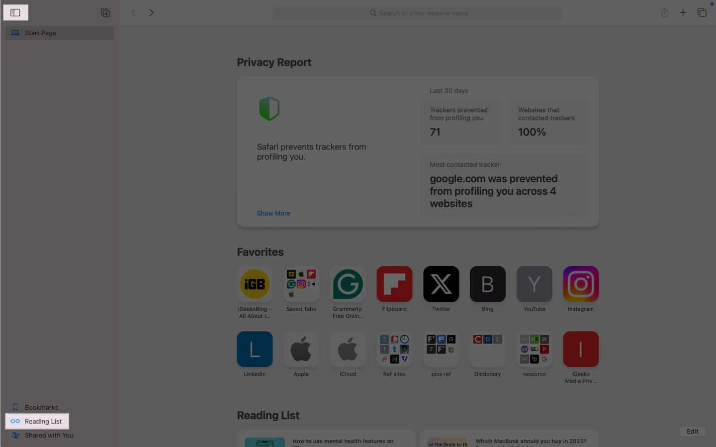 Accessing Reading List in Safari on a Mac.