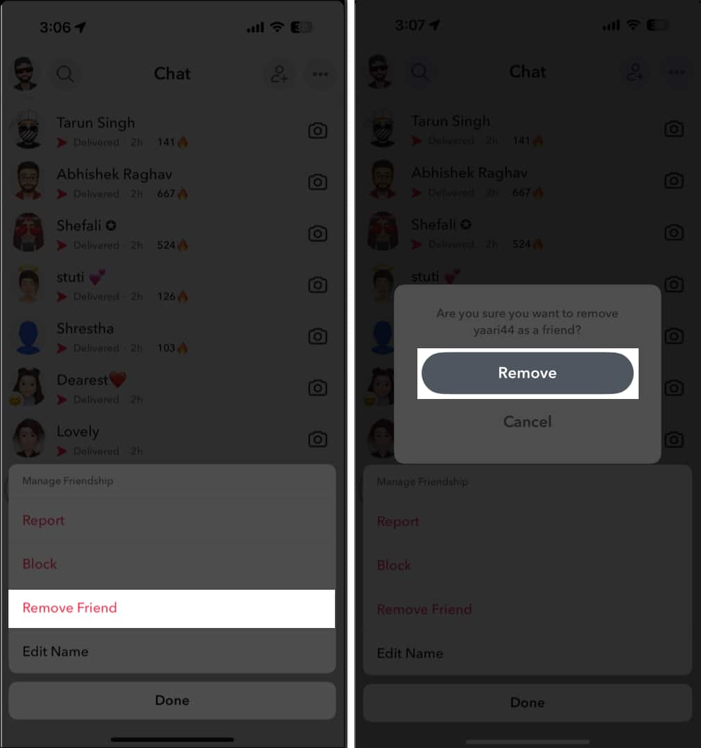 Unfriending a person in the  Snapchat app on an iPhone.