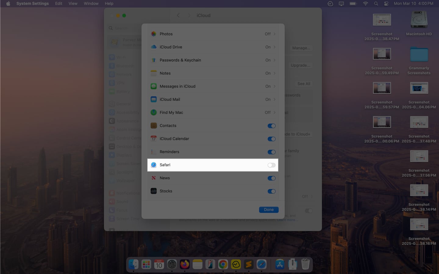 Disabling sync for Safari on a Mac.