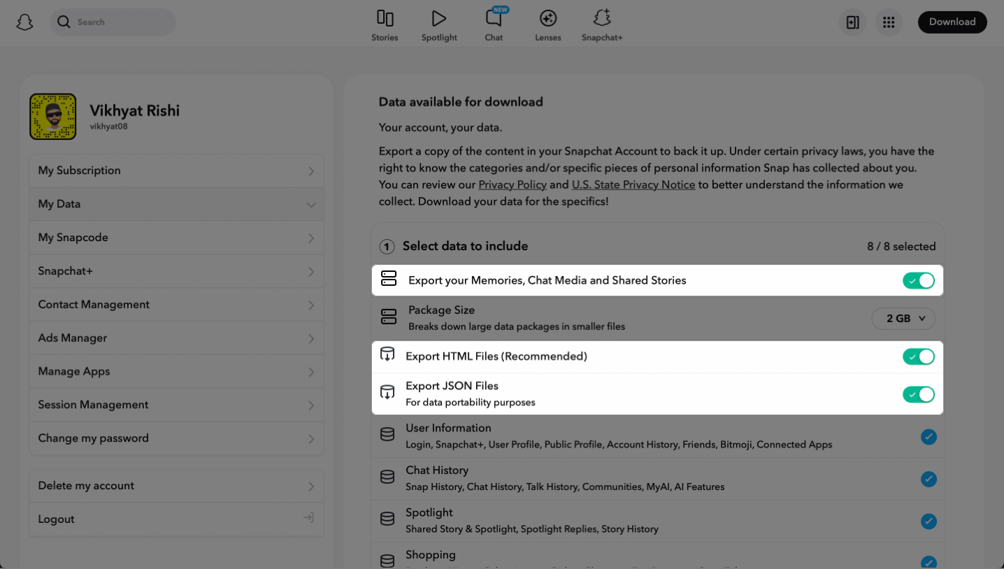 Toggle on to export chat media and shared stories from my data on the snapchat profile